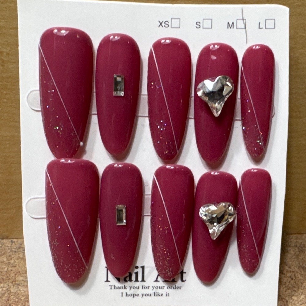 Berry Mauve‎ Press On Nails Almond Heart Rhinestone Glitter Set Size M